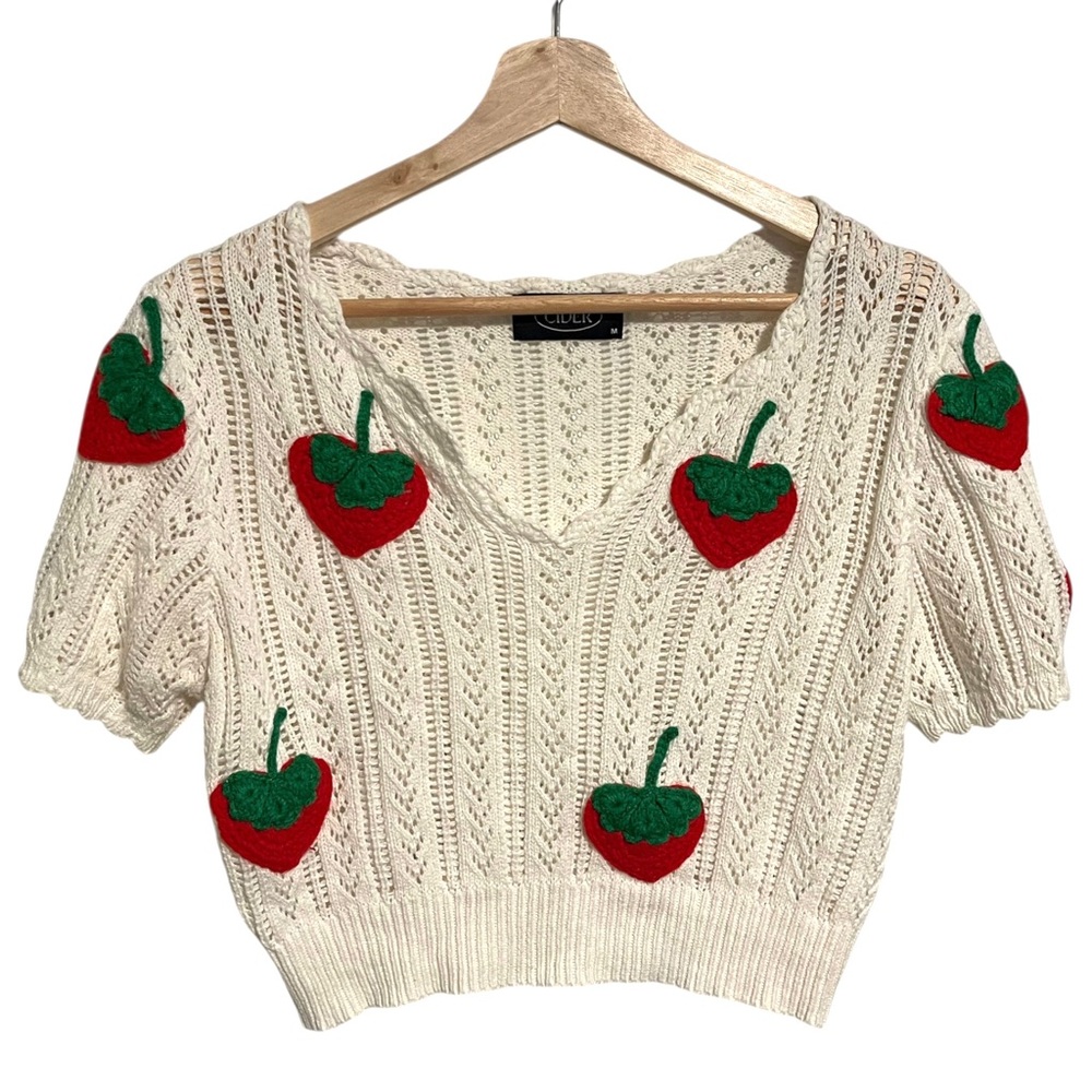 Cider Strawberry Knit Jumper Cropped Short Sleeve Sweater Size Medium